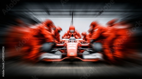 Race Car Pit Stop: High-speed pit crew swarms around a Formula 1 race car in a blur of motion, epitomizing precision and teamwork. The race car is the central focus.
