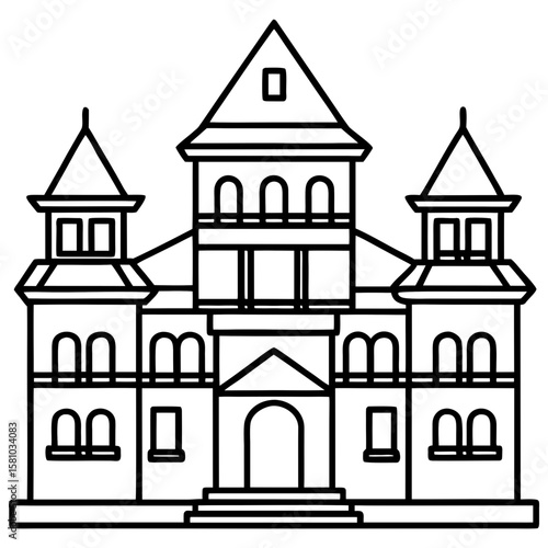 Stylized gothic mansion outline silhouette isolated on white background