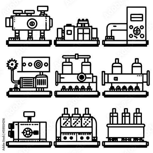 Collection of industrial machinery and equipment silhouettes isolated on white background