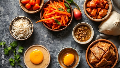 An overhead view of Asian cuisine ingredients arranged artistically on a stone surface.