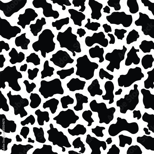 Cute cow print pattern, seamless black and white spots background vector illustration. Abstract animal skin texture for wallpaper design.