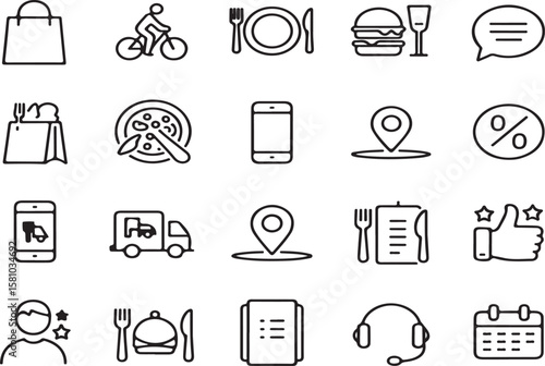 Set of minimalistic line art icons depicting food delivery ordering restaurant services