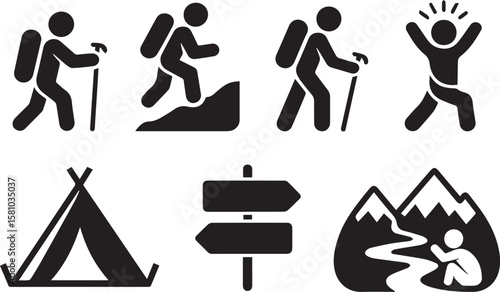 hiking icons set – silhouette, trekking and outdoor adventure