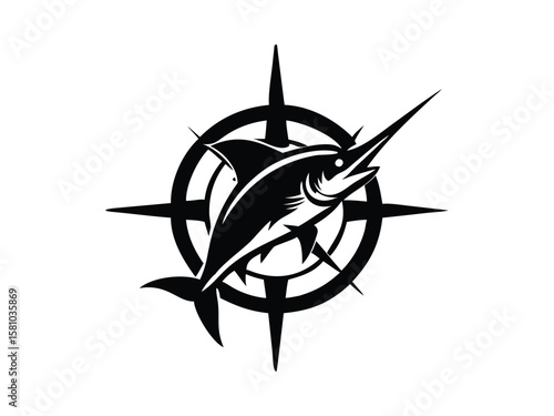 Monochrome vector illustration of a swordfish in a dynamic swimming pose