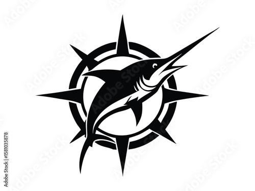 Monochrome vector illustration of a swordfish in a dynamic swimming pose