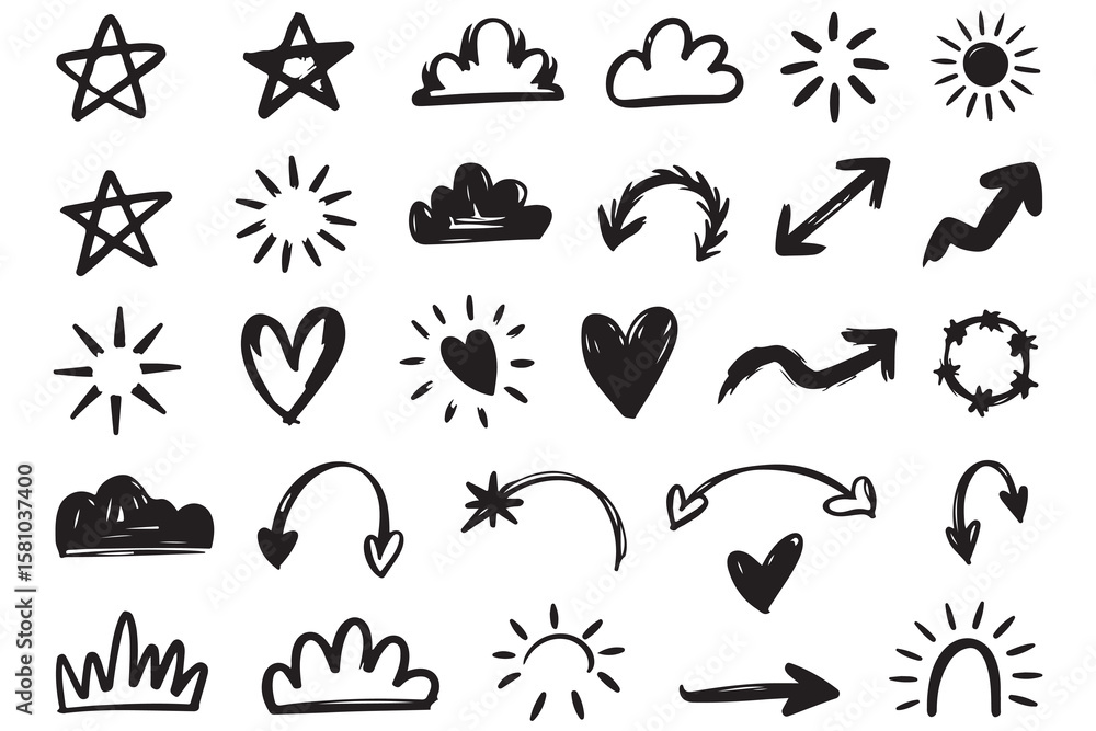 Fototapeta premium Arrows hearts stars and clouds icon silhouette vector illustration 