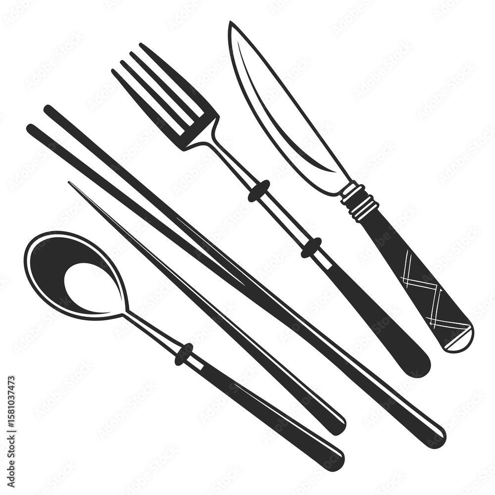 Fototapeta premium Black cutlery icons fork spoon chopsticks knife