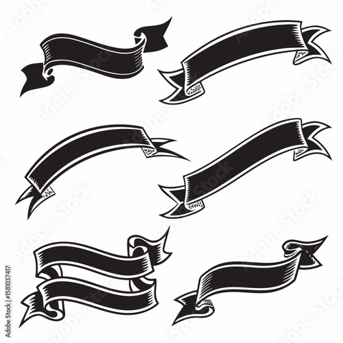 Black curved ribbon banners with decorative folds white