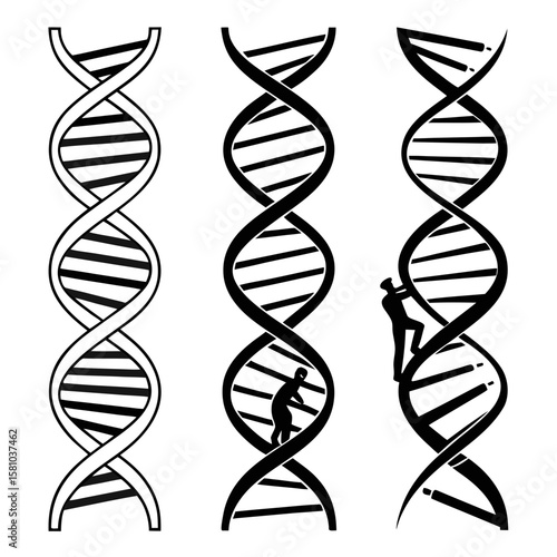 Black D N A helix silhouettes with human figures double helix