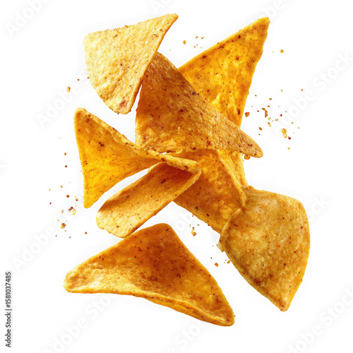 A pile of seasoned tortilla chips with chili flakes scattered around isolated on transparent background