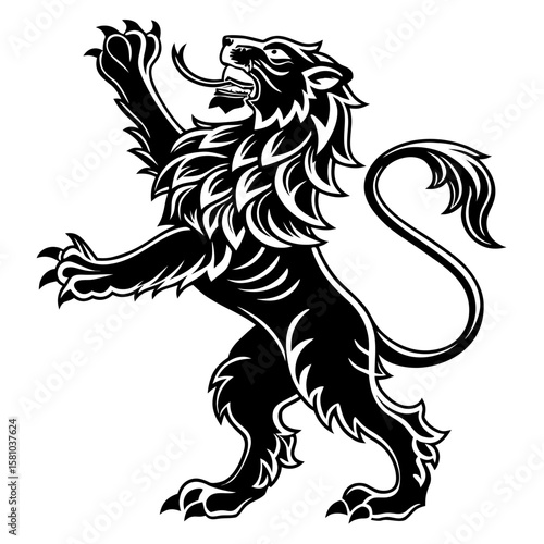 Majestic Lion Emblem: A striking heraldic lion, rendered in a detailed illustration, stands proud with its tongue extended, claws bared, embodying strength and valor.