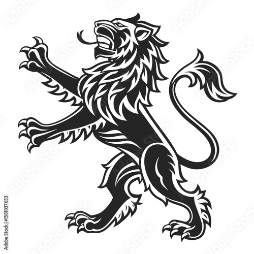 Heraldic Lion Rampant: A fierce lion rampant, rendered in detailed monochrome, symbolizes courage and nobility, poised for action with its tongue extended.