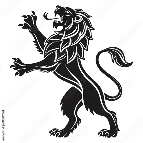 Lion Rampant: A powerful emblem of heraldic lion, standing in a rampant posture. Depicting strength, courage, and royal heritage. The dark and bold silhouette.