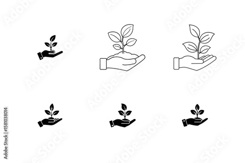 plant sprout in a hand icon line glyph and fill silhouette vector art