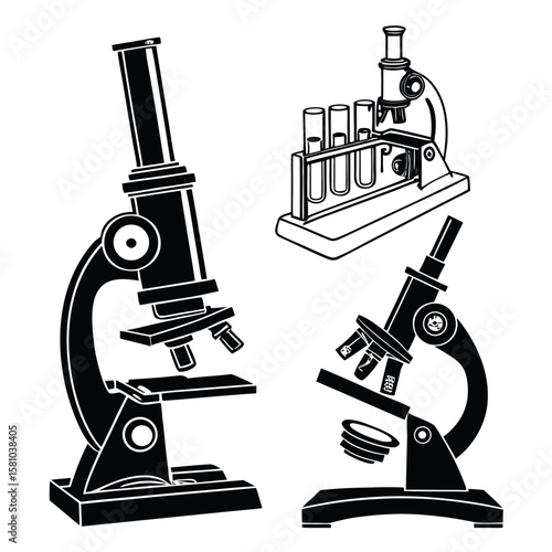 Black microscope and test tube silhouettes laboratory