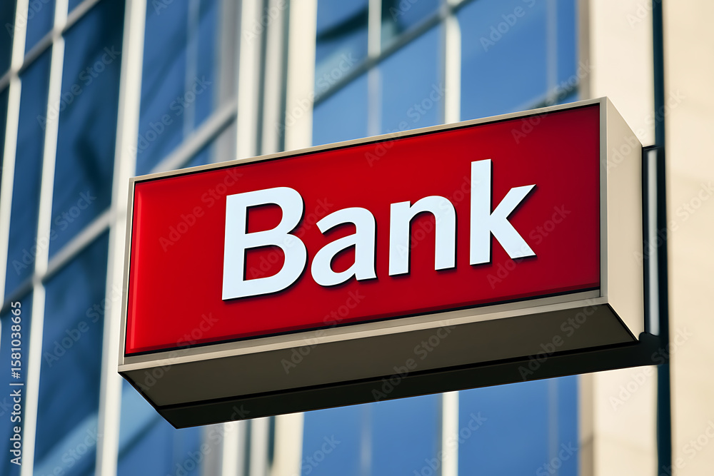 A red bank sign with white text. The modern building has a blue-tinted glass facade. The sign is mounted on the corner of the structure. A red bank sign with white text. The modern building has a blue-tinted glass facade. The sign is mounted on the corner of the structure.