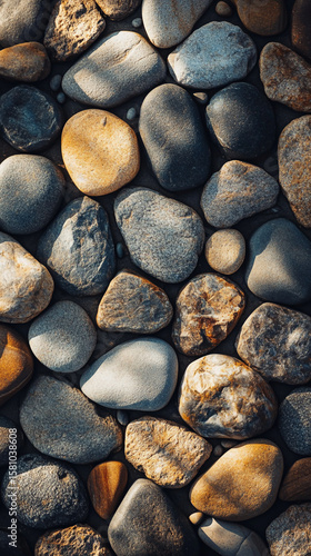 A textured natural stone wall background features a pattern of smooth gray pebbles and round granite rocks found along a white sea coast beach