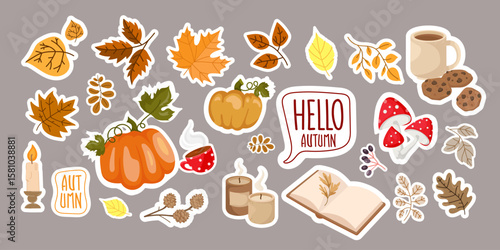 Autumn sticker set with pumpkins, fall leaves, coffee cups, mushrooms, candles, and seasonal elements vector illustration, perfect for scrapbooking, planners, greeting cards, social media