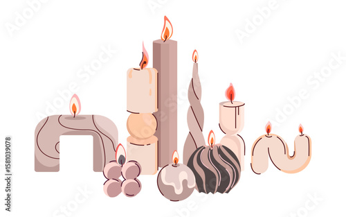 Contemporary Decorative Candles in Creative Shapes set. Decorative sculptural candles in various artistic shapes, for interior design, posters, packaging, web design, and social media visuals. Vector