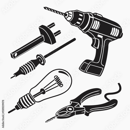 Black silhouettes of electrical tools and lightbulb