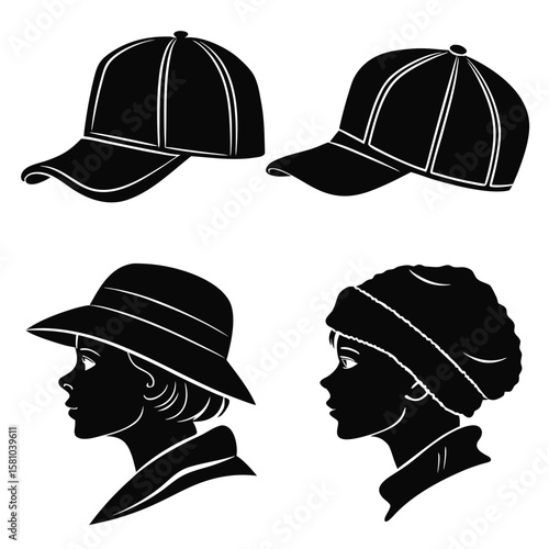 Black silhouettes of hats and profiles baseball caps