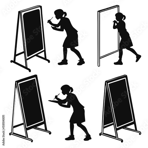 Black silhouettes of people writing on chalkboards and whiteboards