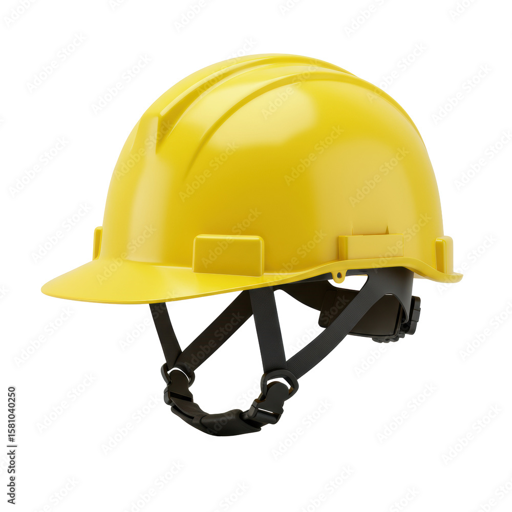 Fototapeta premium A bright yellow construction hard hat with a black adjustable chin strap, presented as a full object against a plain white, isolated background with shadowless studio lighting, slightly high angle