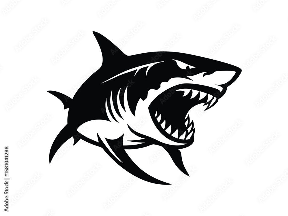 Obraz premium Modern and simple shark silhouette, a negatively spaced shark in black color icon vector