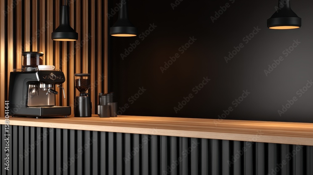 Obraz premium Modern coffee shop interior featuring sleek espresso machine and wooden counter with ambient lighting