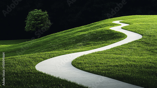 A curved stone footpath winds through a lush green garden landscape where the summer sun highlights the texture of the lawn and trees along the park walkway