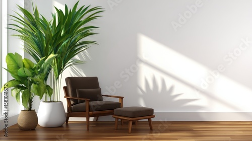 Cozy living room corner featuring a stylish chair and ottoman beside lush green plants
