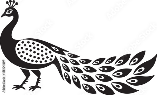 A black and white minimalist illustration of a peacock in a tribal art style. 