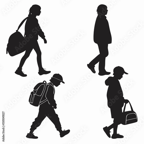 Children walking with backpacks and duffel bags silhouettes