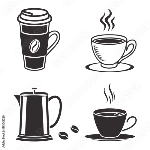 Coffee cup and pot collection cups beans