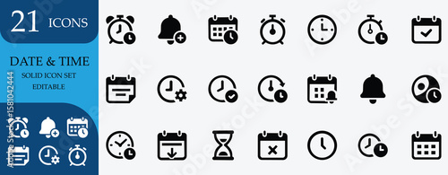 A solid black icon set of calendar, date, time, clock, reminder, schedule, alarm, planner, and more. Perfect for UI, apps, and time management