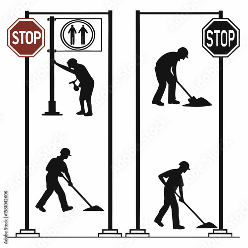 Construction workers directing traffic and digging