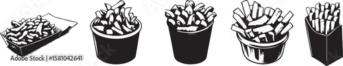 Crispy fried potato Ink sketch vector set. Paper bags cups plates gravy sauces quick snack vegetable boiling oil dips chips street food grayscale monochrome artworks isolated vector