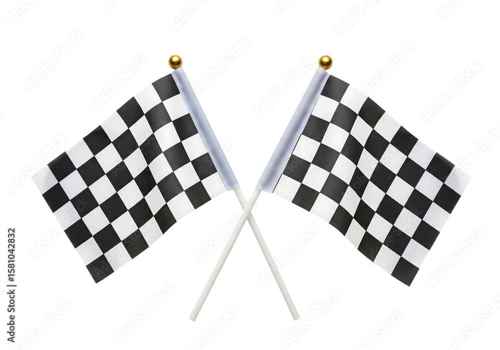 Fototapeta premium Two crossed black and white checkered flags for a race finish. Isolated on transparent background, png