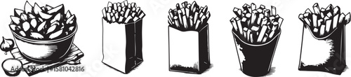 Crispy fried potato Ink sketch vector set. Paper bags cups plates gravy sauces quick snack vegetable boiling oil dips chips street food grayscale monochrome artworks isolated vector