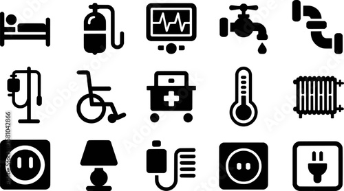 Medical equipment and home utility icons vector set illustration