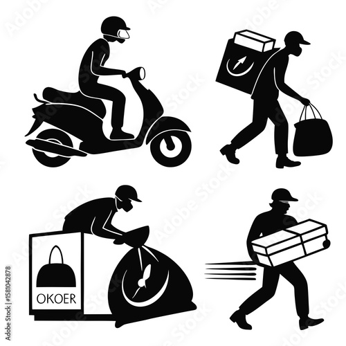 Delivery people carrying packages and riding scooter