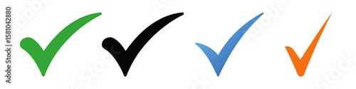 Different colour check mark, isolated tick symbols, checklist signs, and an approval badge. Flat and modern checkmark design, vector illustration.