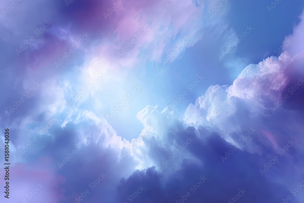 Obraz premium Soft, dreamy clouds illuminated by a radiant light in a tranquil blue and purple sky