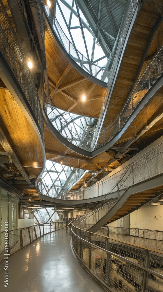 Obraz premium Modern architectural marvel: A captivating interior with a curved walkway and wooden accents.