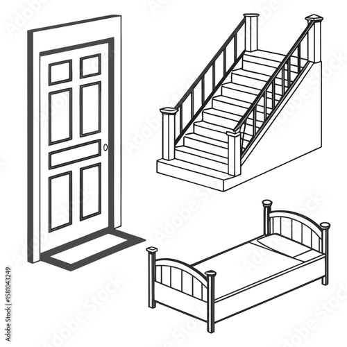 Door stairs and bed silhouettes interior architectural