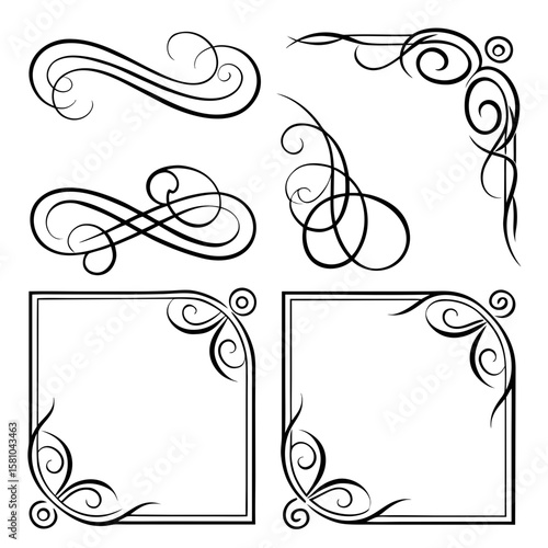 Elegant black calligraphic swirls and ornate borders