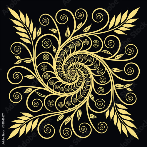 Elegant golden floral pattern design with swirls and leaves on a transparent background