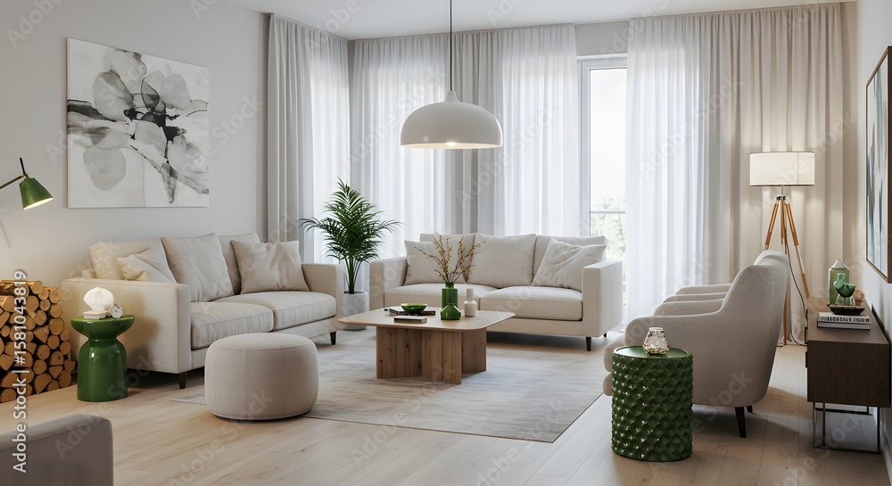 Obraz premium Cozy Living Room: A tranquil living space, designed with modern furniture, natural light streaming through sheer curtains, and subtle color accents. This image showcases a serene.