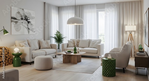Cozy Living Room: A tranquil living space, designed with modern furniture, natural light streaming through sheer curtains, and subtle color accents. This image showcases a serene.