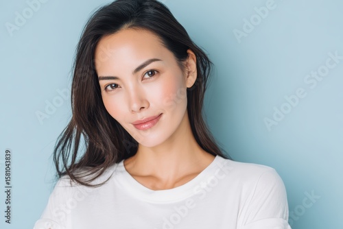Wallpaper Mural A woman with long dark hair and clear skin smiles gently, wearing a white shirt against a light blue background Torontodigital.ca